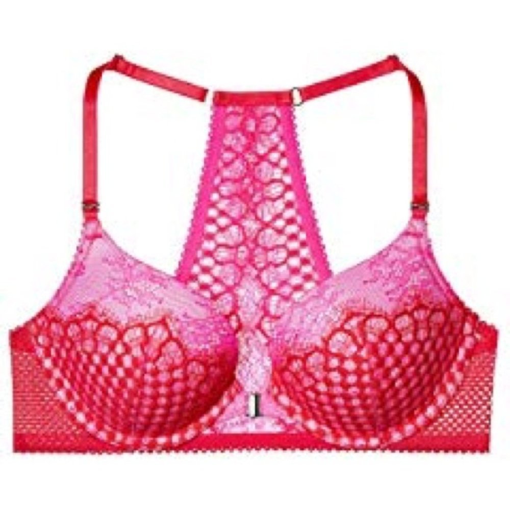 Gorgeous VS Front Close Racer Back Push‎ Up Bra Pink Red Fishnet Lace 32B